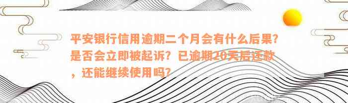 平安银行信用逾期二个月会有什么后果？是否会立即被起诉？已逾期20天后还款，还能继续使用吗？