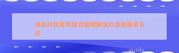 波农村信用社网贷逾期解决办法及联系方式