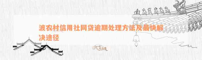 波农村信用社网贷逾期处理方法及最快解决途径