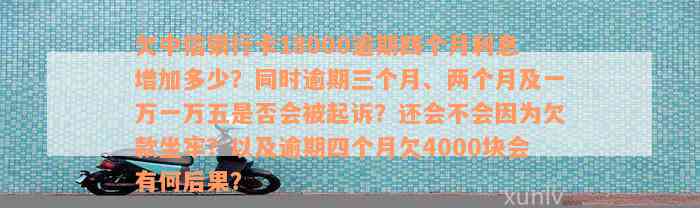 欠中信银行卡18000逾期四个月利息增加多少？同时逾期三个月、两个月及一万一万五是否会被起诉？还会不会因为欠款坐牢？以及逾期四个月欠4000块会有何后果？