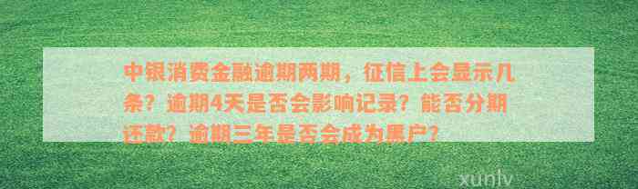 中银消费金融逾期两期，征信上会显示几条？逾期4天是否会影响记录？能否分期还款？逾期三年是否会成为黑户？