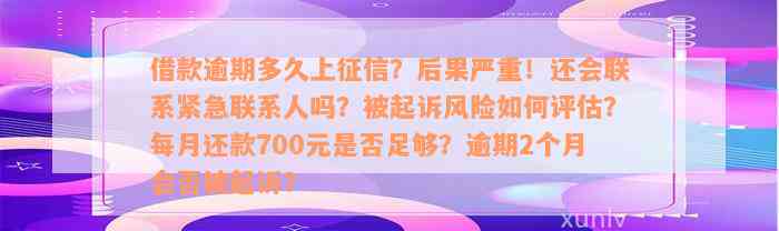 借款逾期多久上征信？后果严重！还会联系紧急联系人吗？被起诉风险如何评估？每月还款700元是否足够？逾期2个月会否被起诉？