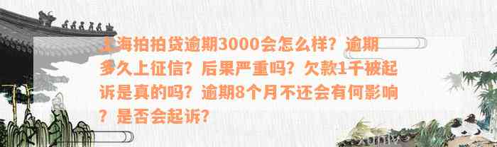 上海拍拍贷逾期3000会怎么样？逾期多久上征信？后果严重吗？欠款1千被起诉是真的吗？逾期8个月不还会有何影响？是否会起诉？