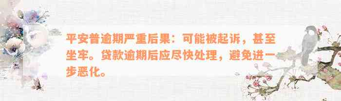 平安普逾期严重后果：可能被起诉，甚至坐牢。贷款逾期后应尽快处理，避免进一步恶化。