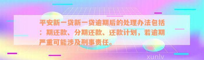 平安新一贷新一贷逾期后的处理办法包括：期还款、分期还款、还款计划，若逾期严重可能涉及刑事责任。