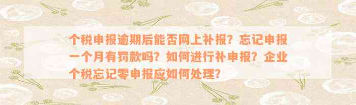 个税申报逾期后能否网上补报？忘记申报一个月有罚款吗？如何进行补申报？企业个税忘记零申报应如何处理？