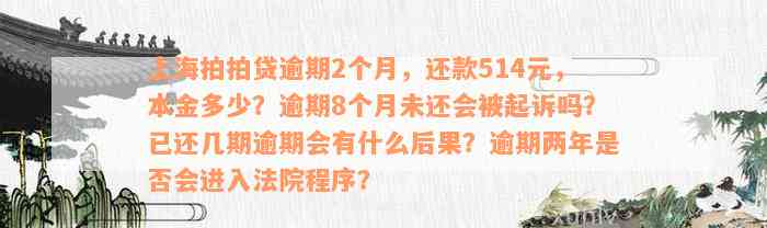 上海拍拍贷逾期2个月，还款514元，本金多少？逾期8个月未还会被起诉吗？已还几期逾期会有什么后果？逾期两年是否会进入法院程序？