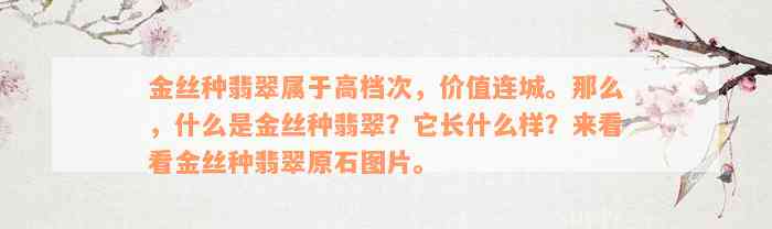 金丝种翡翠属于高档次，价值连城。那么，什么是金丝种翡翠？它长什么样？来看看金丝种翡翠原石图片。