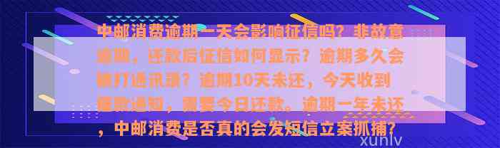 中邮消费逾期一天会影响征信吗？非故意逾期，还款后征信如何显示？逾期多久会被打通讯录？逾期10天未还，今天收到催款通知，需要今日还款。逾期一年未还，中邮消费是否真的会发短信立案抓捕？