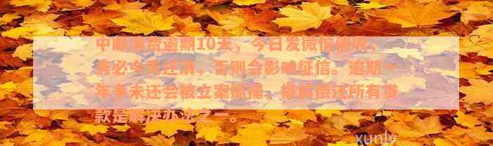 中邮消费逾期10天，今日发微信催收，务必今天还清，否则会影响征信。逾期一年多未还会被立案抓捕，提前偿还所有贷款是解决办法之一。