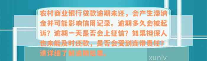 农村商业银行贷款逾期未还，会产生滞纳金并可能影响信用记录。逾期多久会被起诉？逾期一天是否会上征信？如果担保人也未能及时还款，是否会受到连带责任？请详细了解逾期后果。