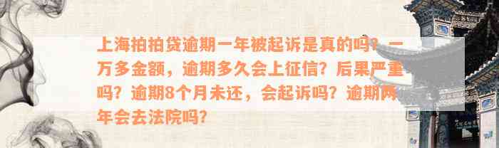 上海拍拍贷逾期一年被起诉是真的吗？一万多金额，逾期多久会上征信？后果严重吗？逾期8个月未还，会起诉吗？逾期两年会去法院吗？