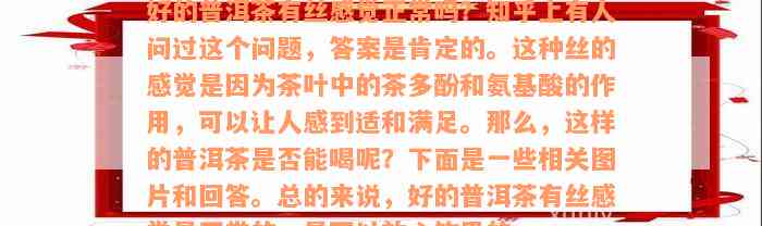 好的普洱茶有丝感觉正常吗？知乎上有人问过这个问题，答案是肯定的。这种丝的感觉是因为茶叶中的茶多酚和氨基酸的作用，可以让人感到适和满足。那么，这样的普洱茶是否能喝呢？下面是一些相关图片和回答。总的来说，好的普洱茶有丝感觉是正常的，是可以放心饮用的。