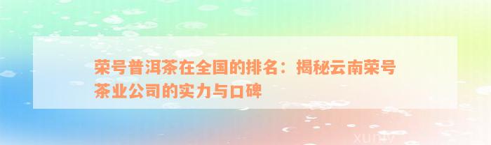 荣号普洱茶在全国的排名：揭秘云南荣号茶业公司的实力与口碑