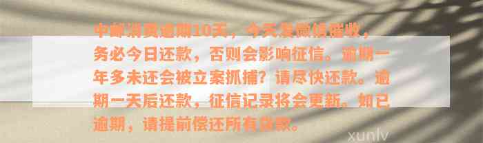 中邮消费逾期10天，今天发微信催收，务必今日还款，否则会影响征信。逾期一年多未还会被立案抓捕？请尽快还款。逾期一天后还款，征信记录将会更新。如已逾期，请提前偿还所有贷款。