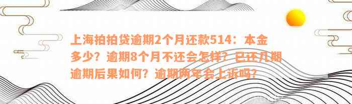 上海拍拍贷逾期2个月还款514：本金多少？逾期8个月不还会怎样？已还几期逾期后果如何？逾期两年会上诉吗？