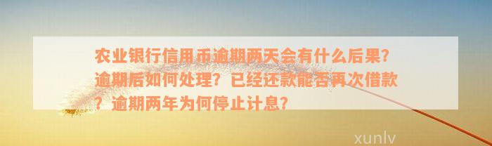 农业银行信用币逾期两天会有什么后果？逾期后如何处理？已经还款能否再次借款？逾期两年为何停止计息？