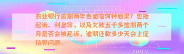 农业银行逾期两年会面临何种后果？包括起诉、利息等，以及欠款五千多逾期两个月是否会被起诉，逾期还款多少天会上征信等问题。