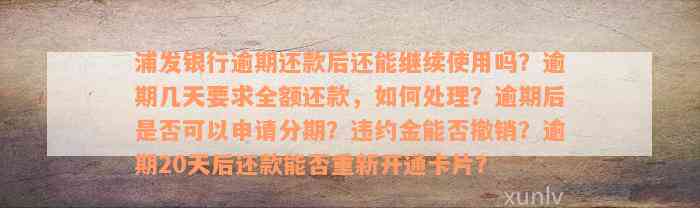 浦发银行逾期还款后还能继续使用吗？逾期几天要求全额还款，如何处理？逾期后是否可以申请分期？违约金能否撤销？逾期20天后还款能否重新开通卡片？