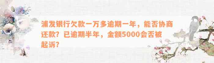 浦发银行欠款一万多逾期一年，能否协商还款？已逾期半年，金额5000会否被起诉？