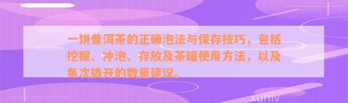 一饼普洱茶的正确泡法与保存技巧，包括挖掘、冲泡、存放及茶罐使用方法，以及每次撬开的数量建议。