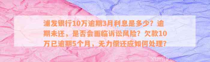 浦发银行10万逾期3月利息是多少？逾期未还，是否会面临诉讼风险？欠款10万已逾期5个月，无力偿还应如何处理？