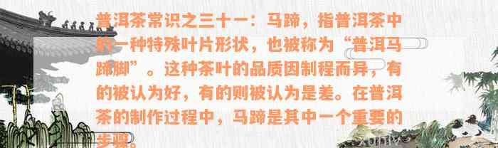 普洱茶常识之三十一：马蹄，指普洱茶中的一种特殊叶片形状，也被称为“普洱马蹄脚”。这种茶叶的品质因制程而异，有的被认为好，有的则被认为是差。在普洱茶的制作过程中，马蹄是其中一个重要的步骤。