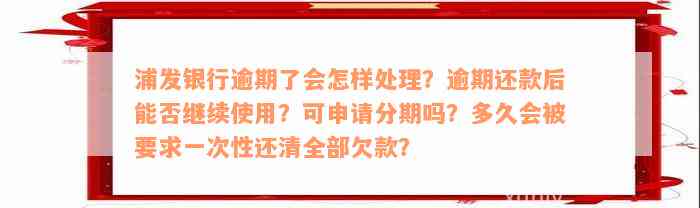 浦发银行逾期了会怎样处理？逾期还款后能否继续使用？可申请分期吗？多久会被要求一次性还清全部欠款？