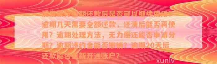 浦发银行逾期还款后是否可以继续使用？逾期几天需要全额还款，还清后能否再使用？逾期处理方法，无力偿还能否申请分期？逾期违约金能否撤销？逾期20天后还款能否重新开通账户？