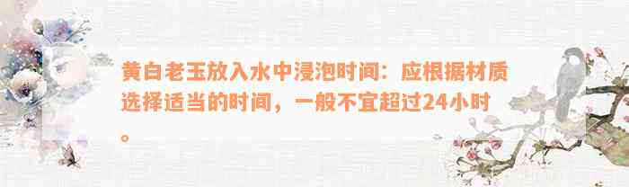 黄白老玉放入水中浸泡时间：应根据材质选择适当的时间，一般不宜超过24小时。