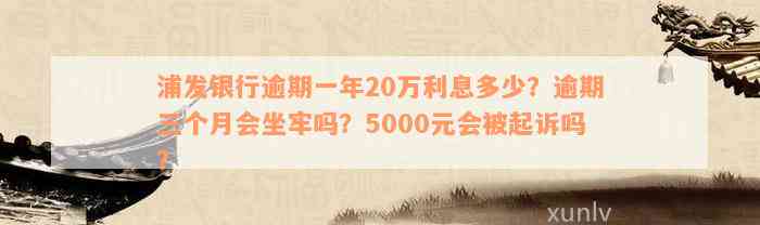 浦发银行逾期一年20万利息多少？逾期三个月会坐牢吗？5000元会被起诉吗？