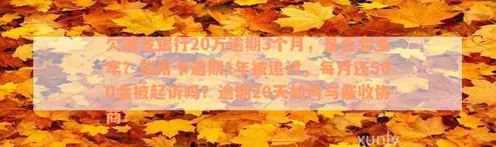 欠浦发银行20万逾期3个月，是否会坐牢？信用卡逾期1年被追讨，每月还500会被起诉吗？逾期20天如何与催收协商？