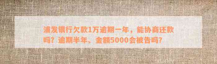 浦发银行欠款1万逾期一年，能协商还款吗？逾期半年、金额5000会被告吗？