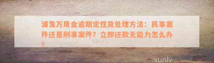 浦发万用金逾期定性及处理方法：民事案件还是刑事案件？立即还款无能力怎么办？