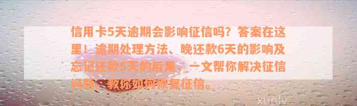 信用卡5天逾期会影响征信吗？答案在这里！逾期处理方法、晚还款6天的影响及忘记还款5天的后果，一文帮你解决征信问题。教你如何恢复征信。