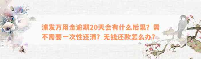 浦发万用金逾期20天会有什么后果？需不需要一次性还清？无钱还款怎么办？