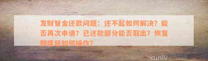 发财智金还款问题：还不起如何解决？能否再次申请？已还款部分能否取出？恢复额度后如何操作？