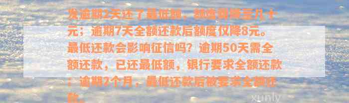 发逾期2天还了最低额，额度骤降至几十元；逾期7天全额还款后额度仅降8元。最低还款会影响征信吗？逾期50天需全额还款，已还最低额，银行要求全额还款；逾期2个月，最低还款后被要求全额还款。