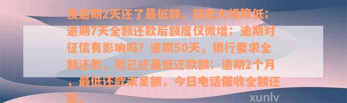 发逾期2天还了最低额，额度大幅降低；逾期7天全额还款后额度仅微增；逾期对征信有影响吗？逾期50天，银行要求全额还款，但已还最低还款额；逾期2个月，最低还款未足额，今日电话催收全额还款。