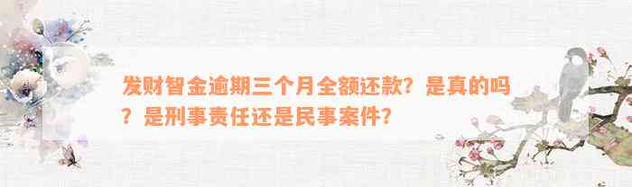 发财智金逾期三个月全额还款？是真的吗？是刑事责任还是民事案件？