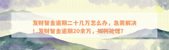 发财智金逾期二十几万怎么办，急需解决！发财智金逾期20余万，如何处理？