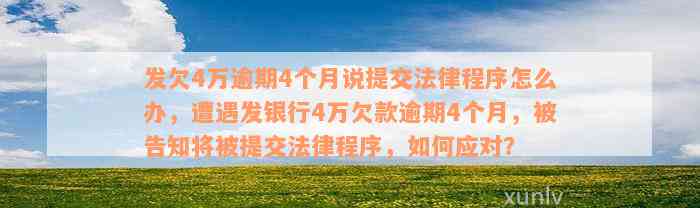 发欠4万逾期4个月说提交法律程序怎么办，遭遇发银行4万欠款逾期4个月，被告知将被提交法律程序，如何应对？