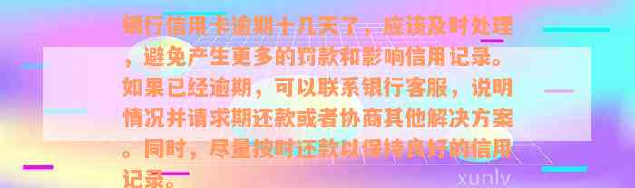 银行信用卡逾期十几天了，应该及时处理，避免产生更多的罚款和影响信用记录。如果已经逾期，可以联系银行客服，说明情况并请求期还款或者协商其他解决方案。同时，尽量按时还款以保持良好的信用记录。