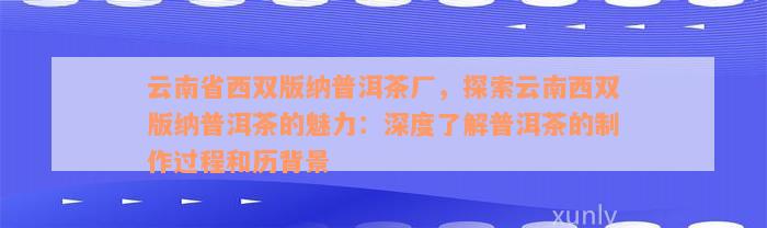 云南省西双版纳普洱茶厂，探索云南西双版纳普洱茶的魅力：深度了解普洱茶的制作过程和历背景