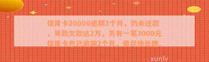 信用卡20000逾期3个月，仍未还款，导致欠款达2万，另有一笔3000元信用卡也已逾期2个月，需尽快处理。