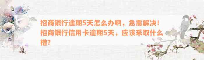 招商银行逾期5天怎么办啊，急需解决！招商银行信用卡逾期5天，应该采取什么措？