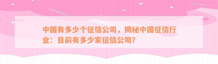 中国有多少个征信公司，揭秘中国征信行业：目前有多少家征信公司？