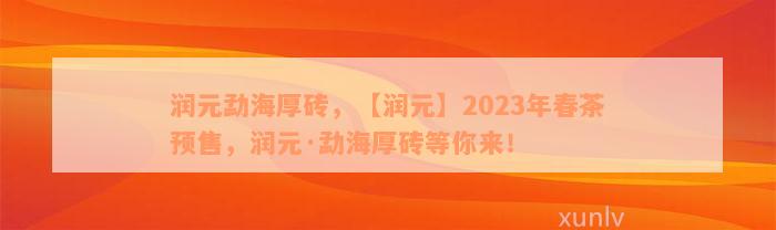 润元勐海厚砖，【润元】2023年春茶预售，润元·勐海厚砖等你来！