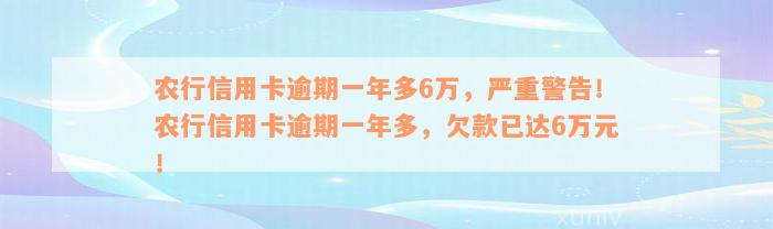 农行信用卡逾期一年多6万，严重警告！农行信用卡逾期一年多，欠款已达6万元！