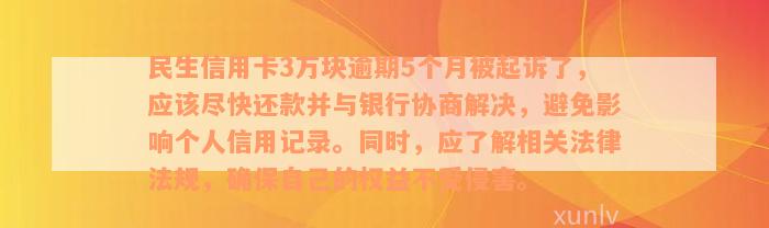 民生信用卡3万块逾期5个月被起诉了，应该尽快还款并与银行协商解决，避免影响个人信用记录。同时，应了解相关法律法规，确保自己的权益不受侵害。